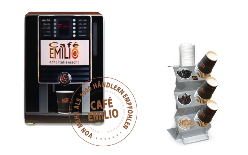 Café Emilio Kaffeeautomat und Becher-Display